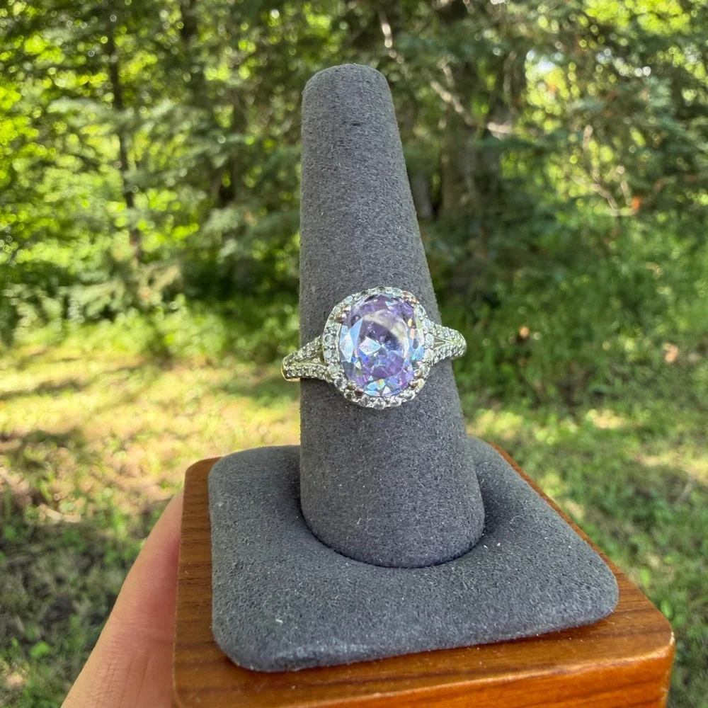Oval Halo Statement Ring  9.5 Purple Silver Tone Split Shank Faux Amethyst
